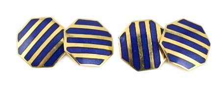 A pair of late 1980's Tiffany & Co 18ct gold and blue striped enamel octagonal cufflinks, 14mm,