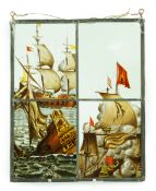 A 18th century Dutch stained glass panel made from four sections depicting a shipwreck and the sails
