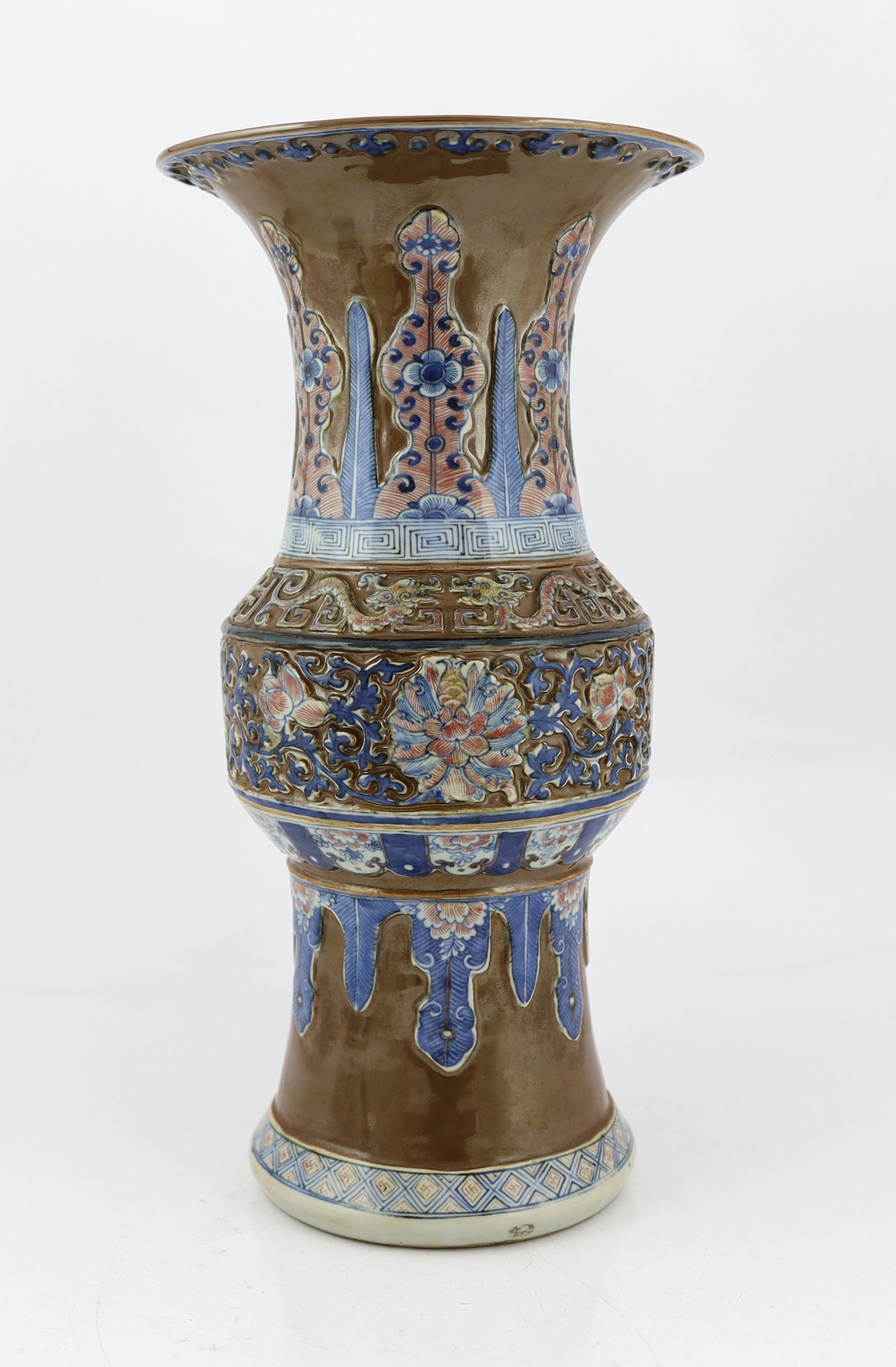 A large Chinese archaistic underglaze blue and copper red vase, zun, late 19th century, decorated - Image 2 of 5