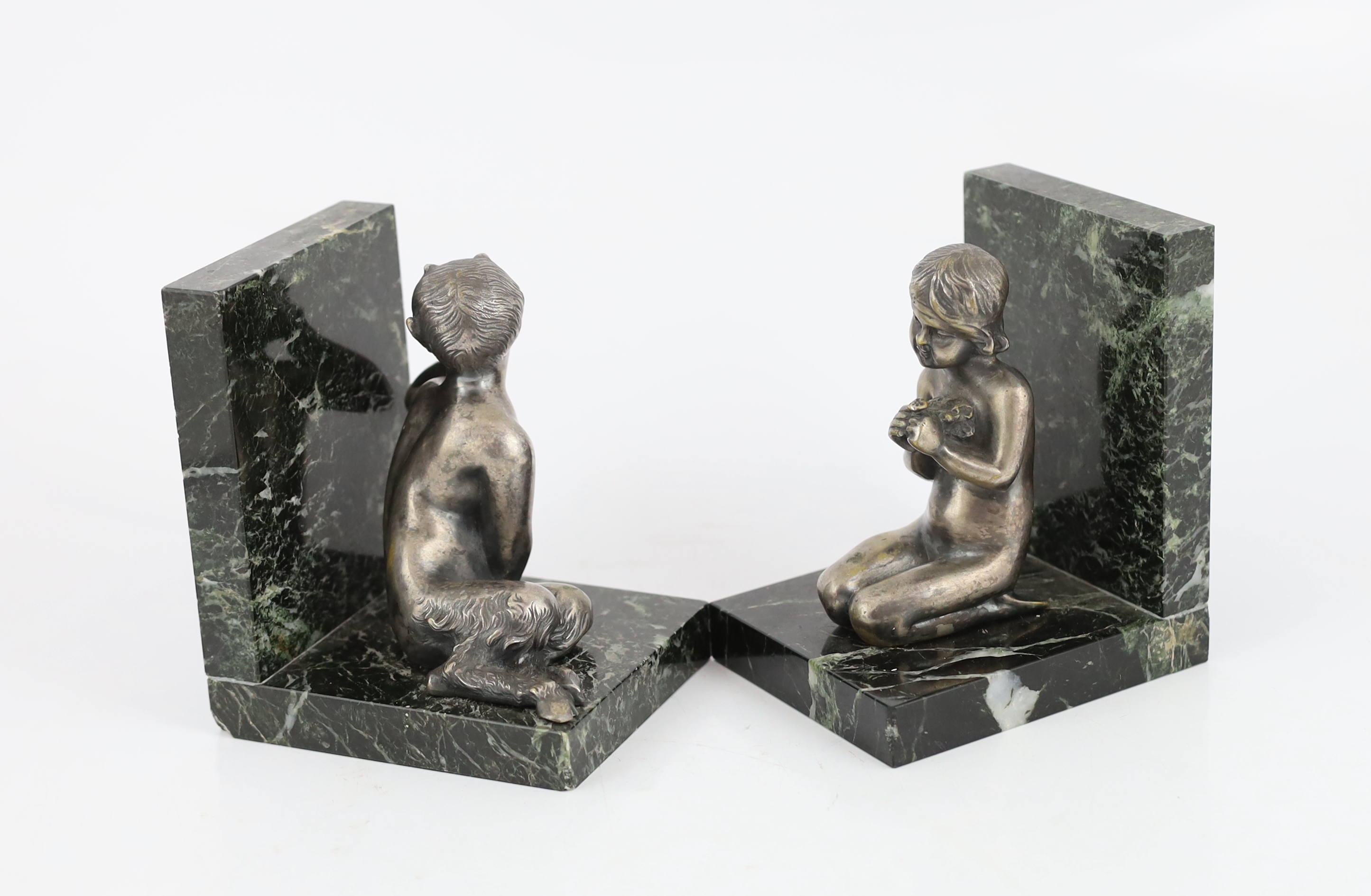 Henri Fugère, a pair of silvered bronze and marble bookends modelled as a kneeling faun and girl - Image 3 of 4