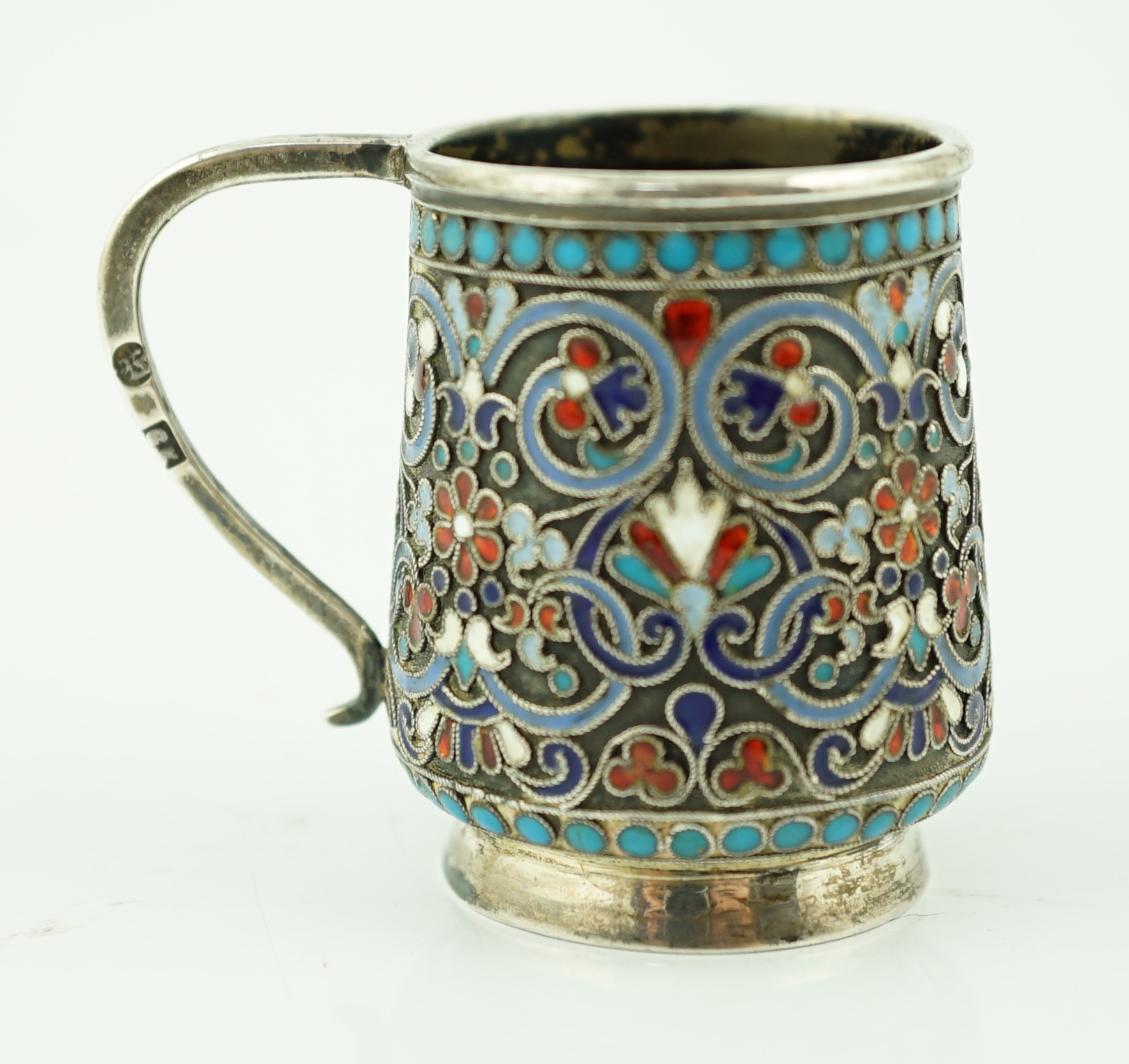 A late 19th century Russian 84 zolotnik silver and cloisonné enamelled handled tot, master Gustav - Image 2 of 4