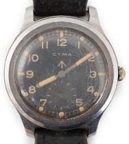 A gentleman's stainless steel WWII Cyma 'Dirty Dozen' military manual wind wrist watch, with black