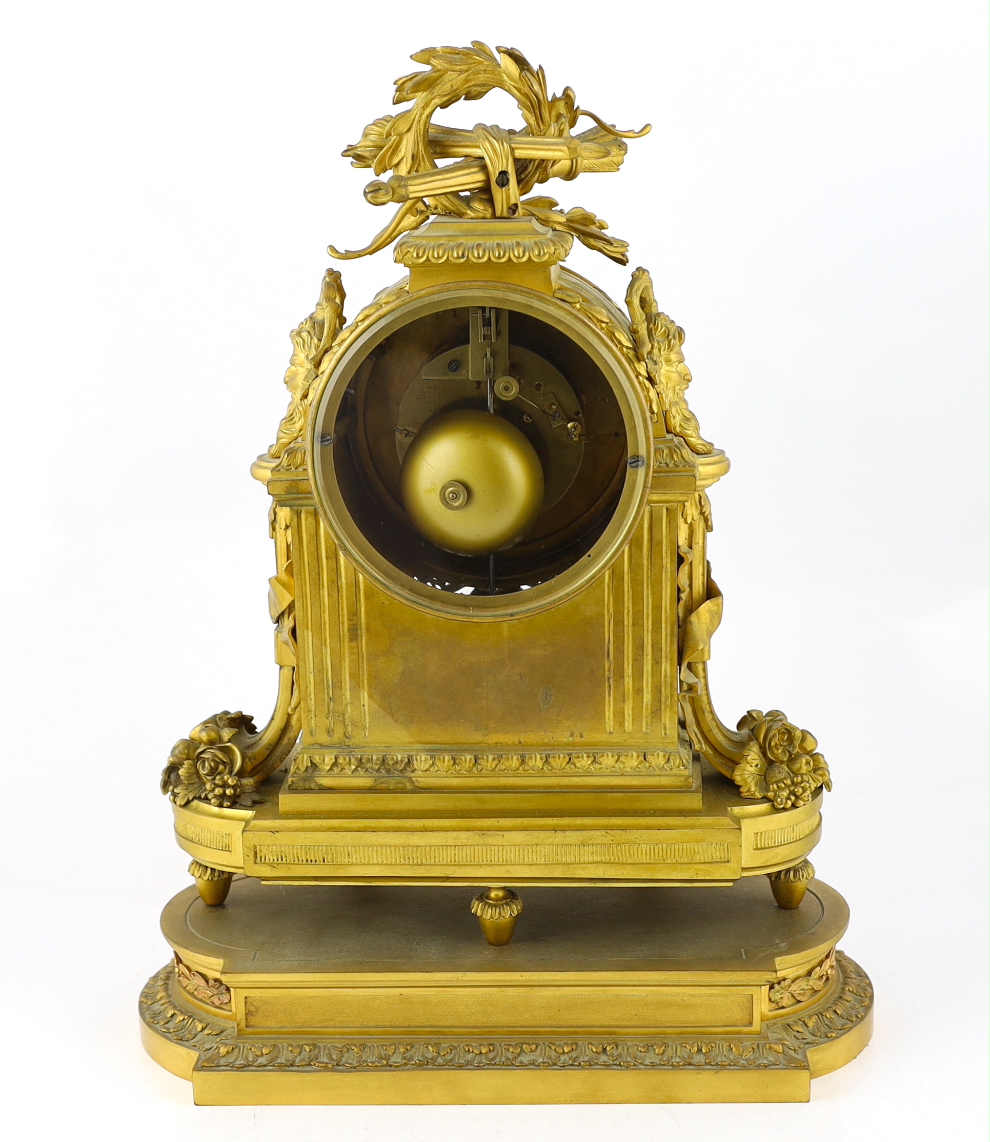 A 19th century French Louis XVI style ormolu mantel clock, with torch, bow and quiver finial over - Image 4 of 5