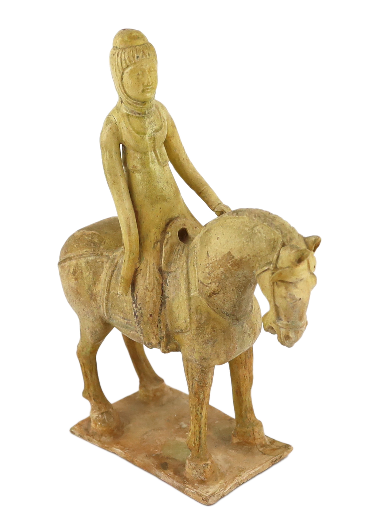 * A Chinese straw glazed pottery model of a horse and female rider, Tang dynasty (618-906 AD),