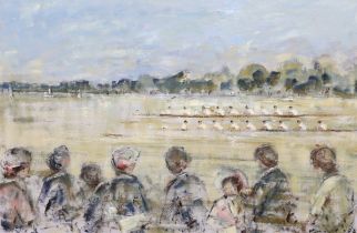 Walter John Beauvais (English, 1942-1998) Figures watching the Oxford and Cambridge boat raceoil