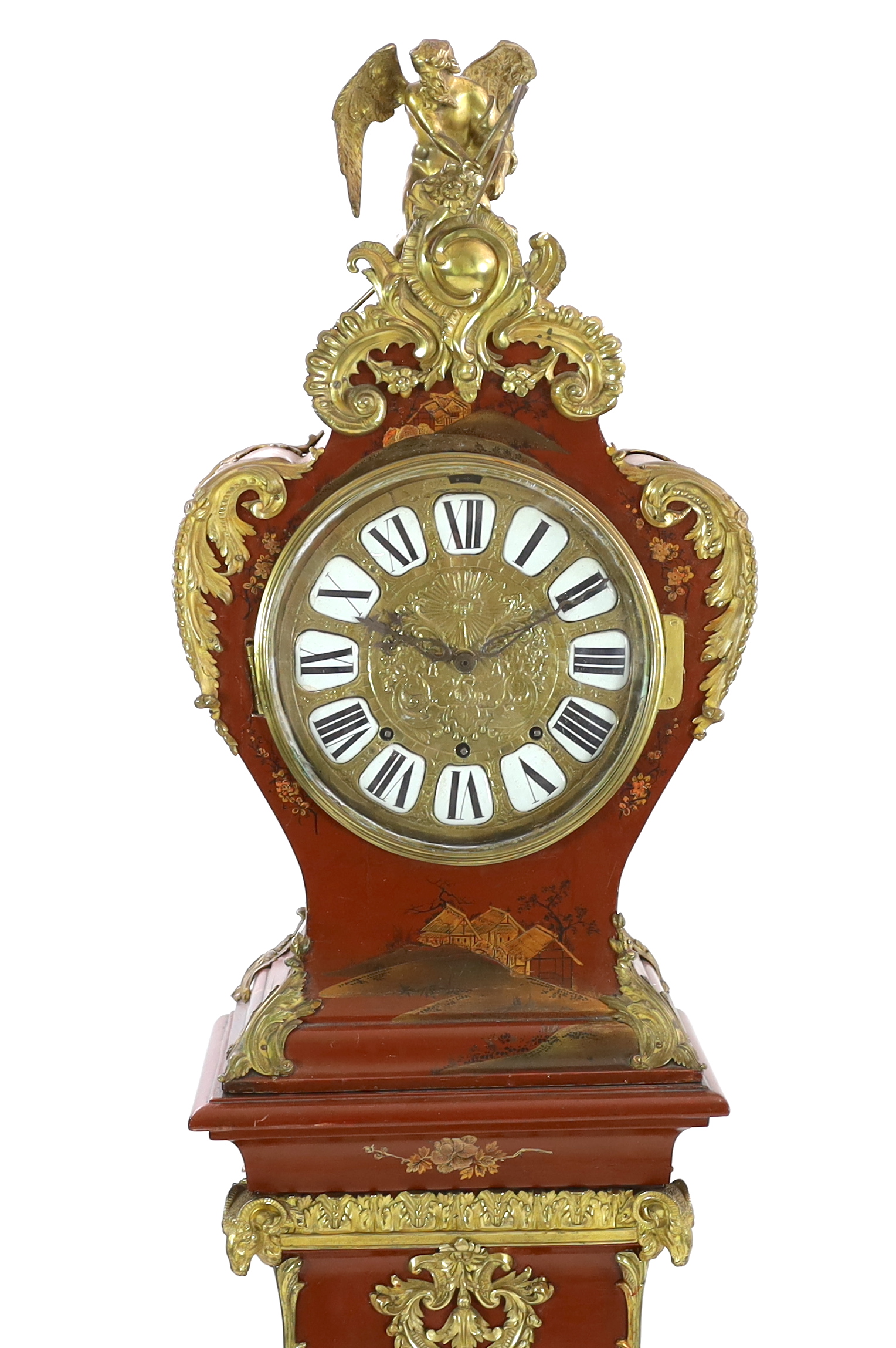 *A Louis XV style ormolu mounted red chinoiserie lacquer longcase clock, fitted with an eight day - Image 2 of 6