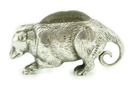 An Edwardian novelty silver pin cushion, modelled as a possum, Arthur Johnson Smith, Birmingham,