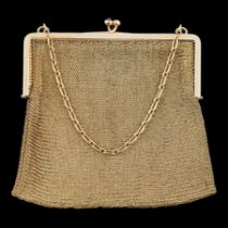 A French Cartier 18ct gold, white enamel and two stone cabochon ruby set mesh evening purse,