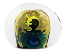 ** A Murano glass dome, with clear glass encasing an abstract figure, in gold, yellow and