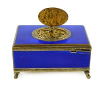 An early 20th century sterling silver gilt and blue guilloche enamelled rectangular singing bird