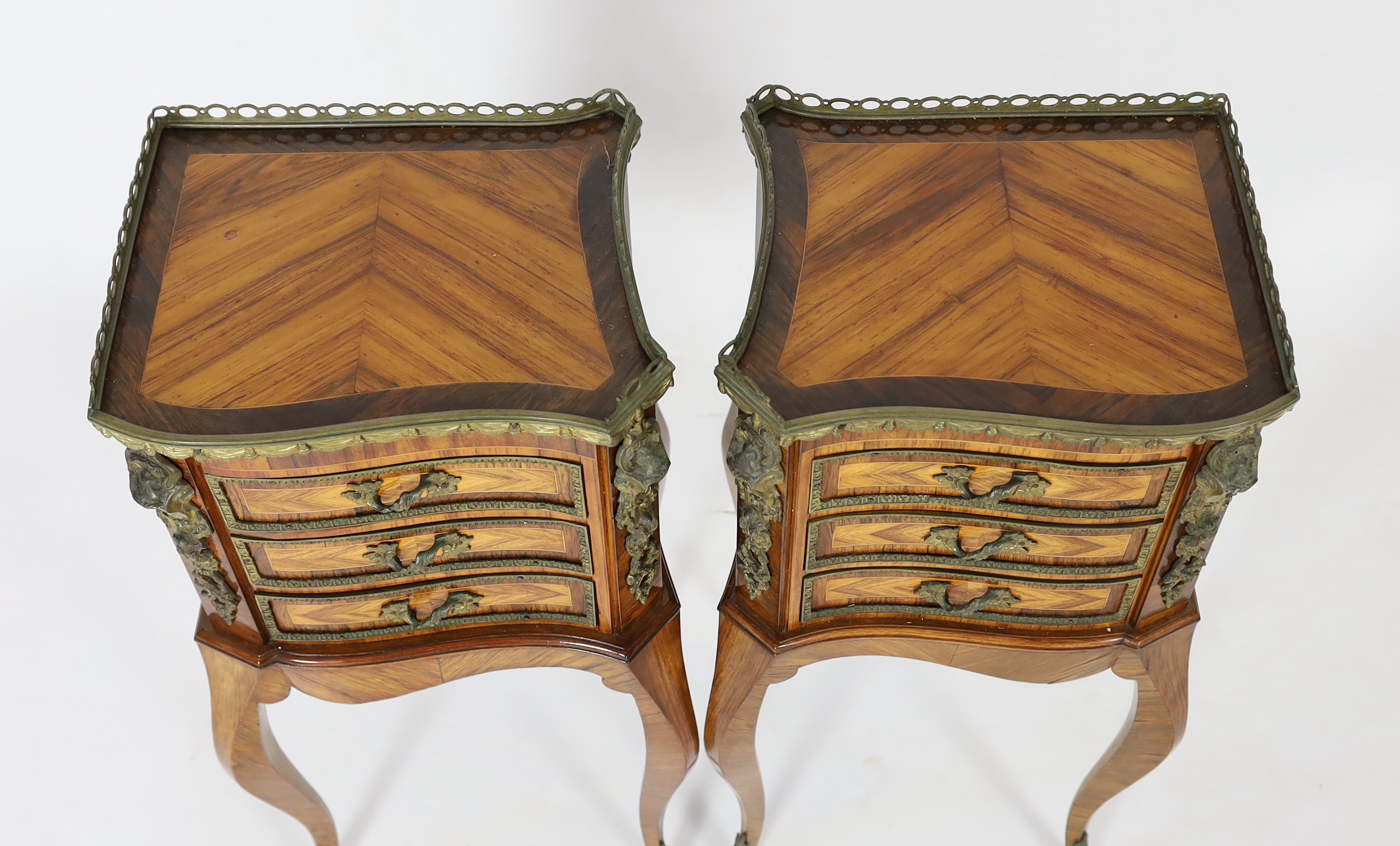 A pair of Louis XVI style ormolu mounted kingwood bedside chests, each of asymmetrical scroll form - Image 3 of 3