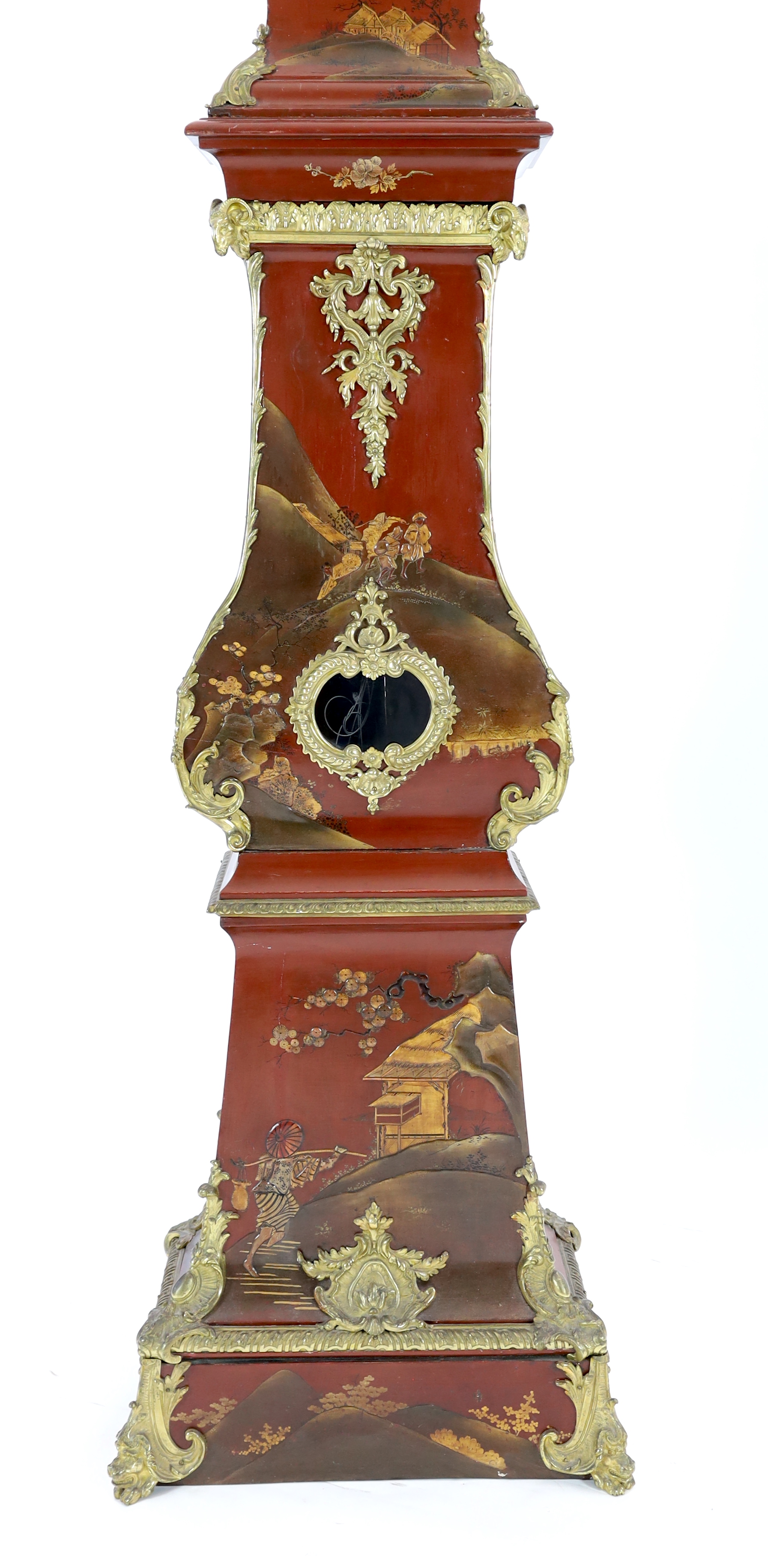 *A Louis XV style ormolu mounted red chinoiserie lacquer longcase clock, fitted with an eight day - Image 3 of 6