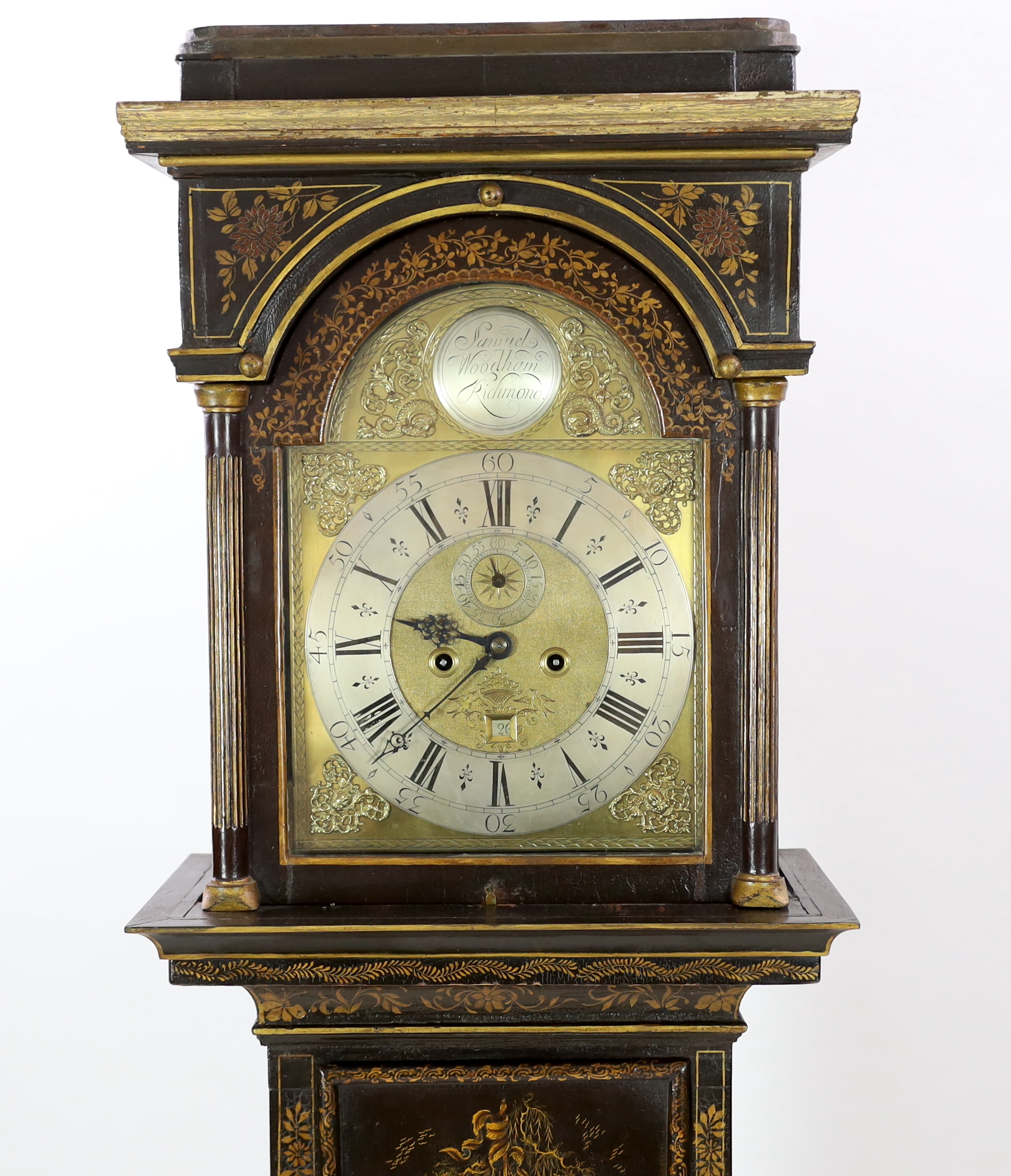 Samuel Woodham of Richmond, a George III eight day longcase clock, with black Japanned case, the - Image 2 of 7