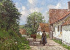 James Charles (British, 1851-1906) 'A French Village'oil on canvasmonogrammed, Exhibition label