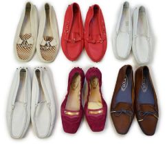 Six pairs of lady's Tod's loafers in a variety of styles and colours, pink, white (2), neutral
