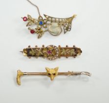 A 9ct and gem set fox head and riding crop bar brooch, 56mm, an Edwardian 9ct gold and gem set bar