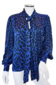 A vintage Saint Laurent royal blue and black leopard print silk blouse, IT40***CONDITION REPORT***In