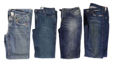 Four pairs of lady's designer jeans, two Pairs of blue True Religion bootcut/flare jeans, a pair