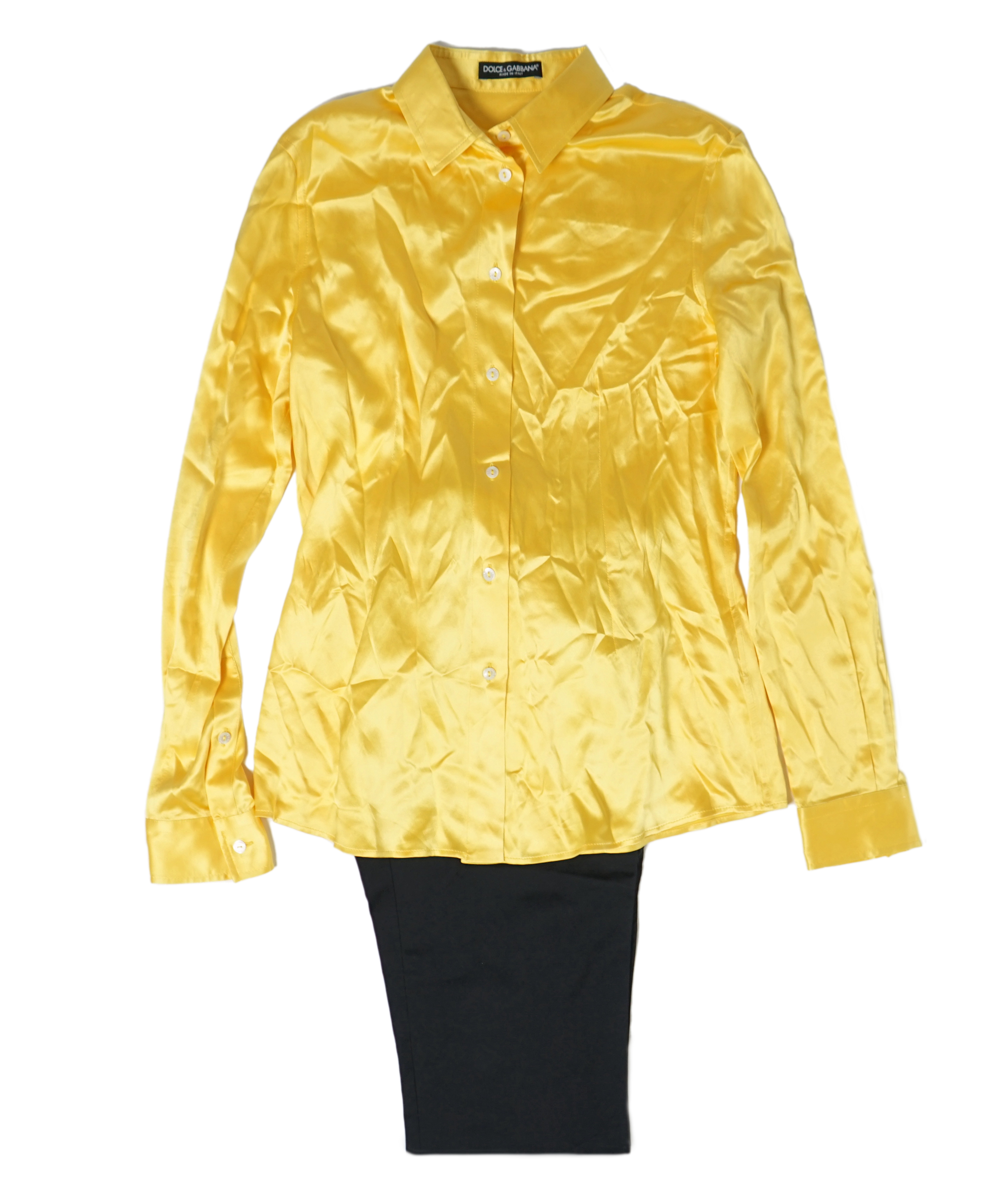 A lady's Dolce & Gabbana yellow silk blouse and a pair of black satin jeans. Blouse size 44 Trousers - Image 2 of 4