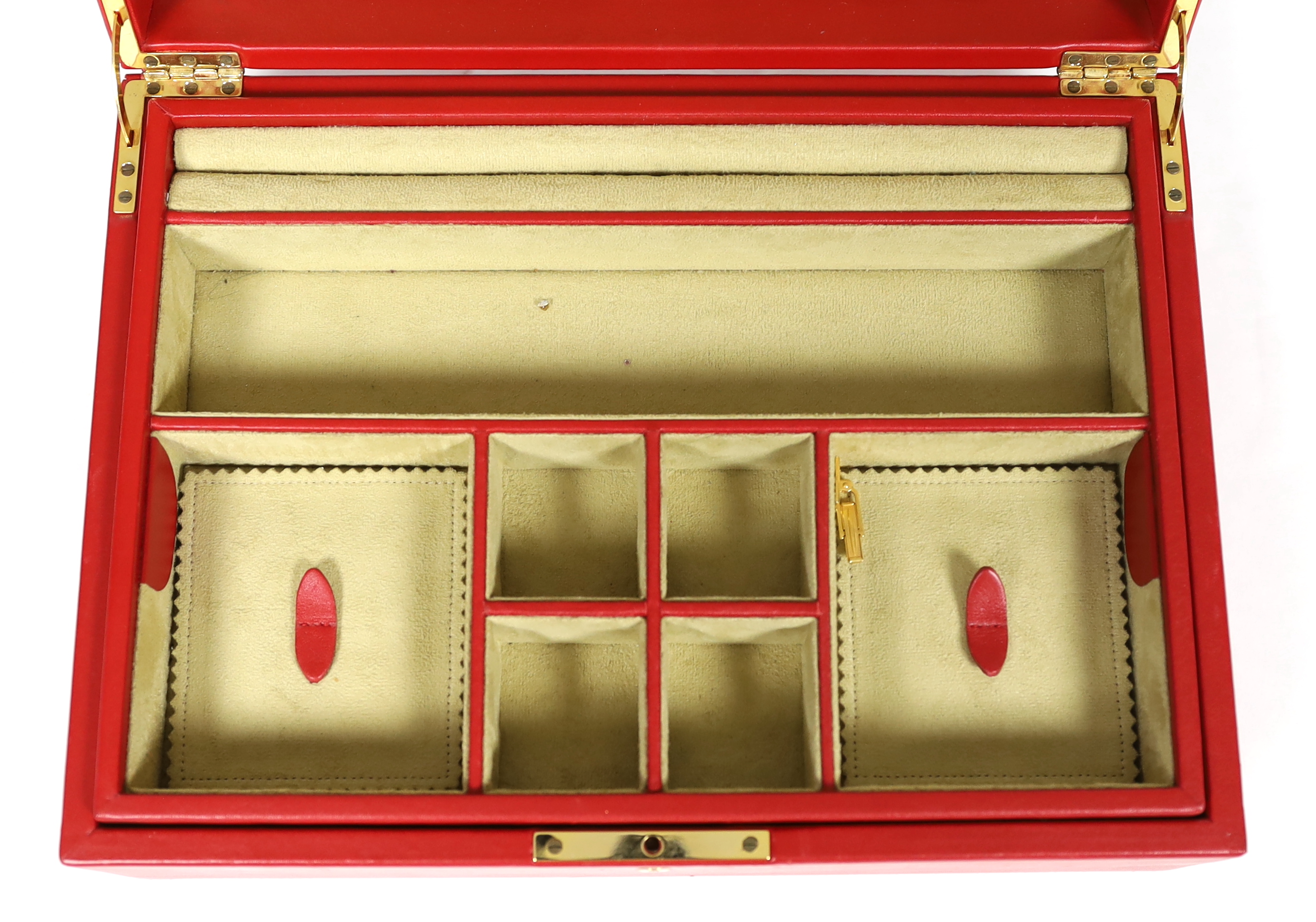 A Fabergé cased red leather jewellery box, width 33cm***CONDITION REPORT***Looks to have had only - Image 3 of 6