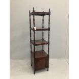 A Regency mahogany whatnot of slender proportions with base cupboard, width 40cm, height 156cm***