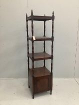 A Regency mahogany whatnot of slender proportions with base cupboard, width 40cm, height 156cm***