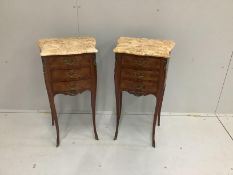 A pair of French marquetry inlaid marble topped three drawer bedside commodes, width 39cm, height