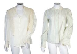 Two Ralph Lauren cotton blouses with lace detail, one cream and the other striped floral with