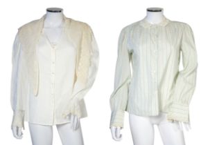 Two Ralph Lauren cotton blouses with lace detail, one cream and the other striped floral with