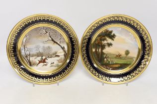 Two Paris porcelain Darte Palais Royal plates, c.1820 hand-painted hunting scenes, 23cm diameter***