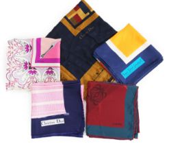 A selection of Yves Saint Laurent, two Christian Dior, Richel and Loewe silk scarves, YSL, blues
