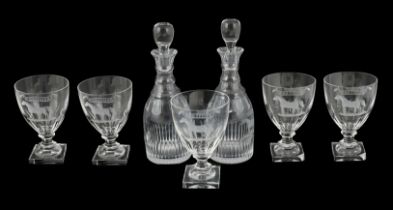 * * A suite of George III style drinking glassware, consisting of a pair of decanters and stoppers