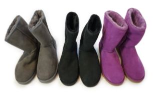Three pairs of lady's sheepskin UGG boots, in grey, black and purple, size UK 7.5***CONDITION