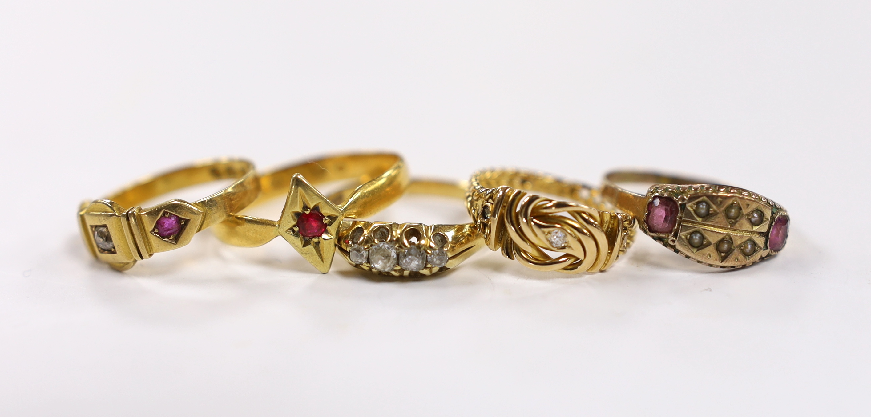 A Victorian 22ct gold and single stone ruby set ring, size S, gross 3.2 grams, a Victorian 18ct
