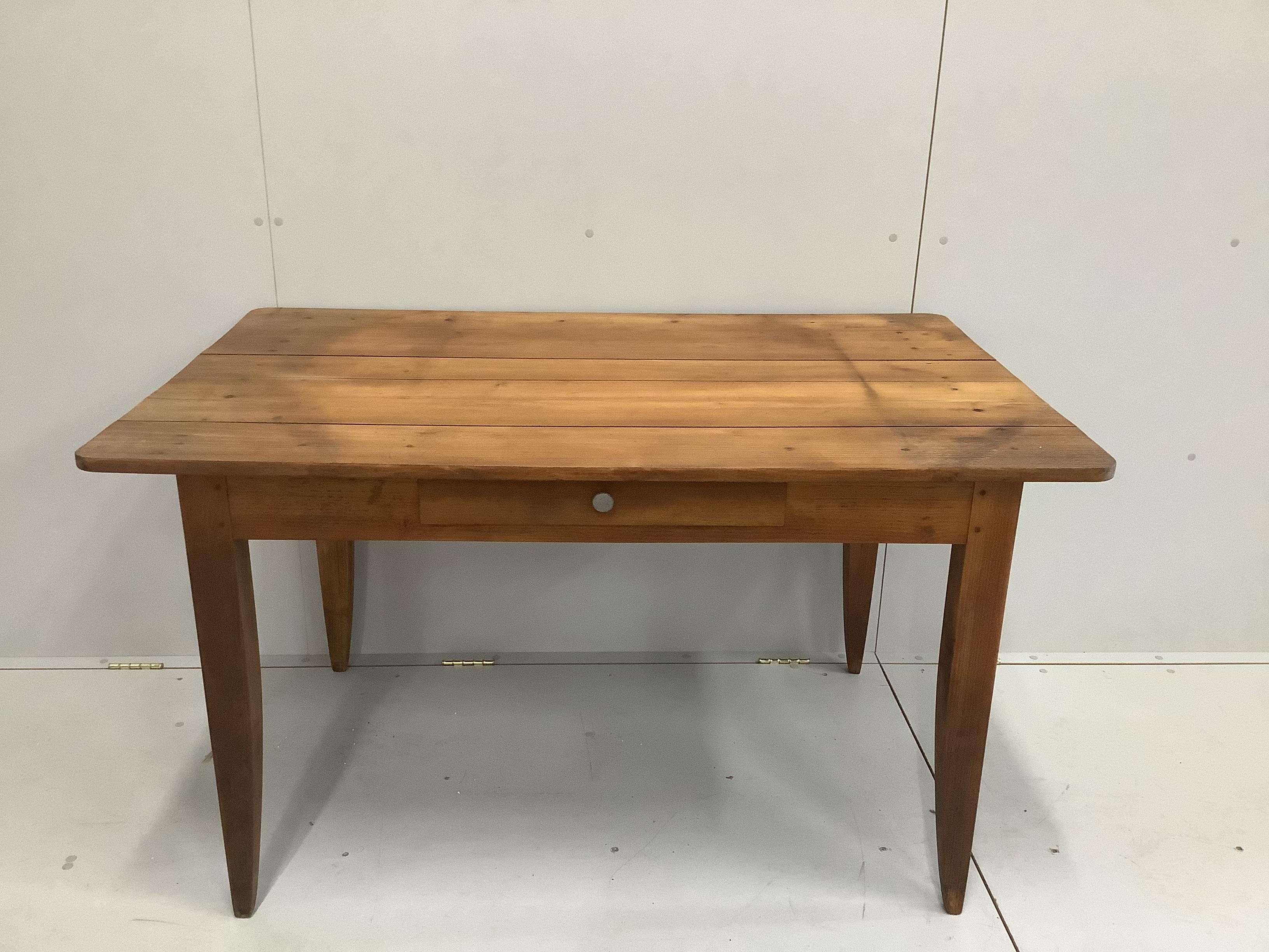 A French fruitwood kitchen table with frieze drawer, width 131cm, depth 82cm, height 75cm***