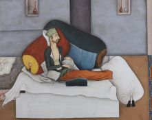 Indian School, gouache, Figure on a day bed, 13 x 15.5cm***CONDITION REPORT***PLEASE NOTE:-