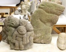 Three weathered Shona stone carvings, 1960s-70s; a figurative group, a figure and an animal, tallest