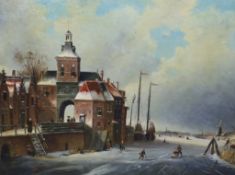 Attributed to Johannes Francis Spohler (Dutch, 1853-1894), oil on wooden panel, Dutch winter scene