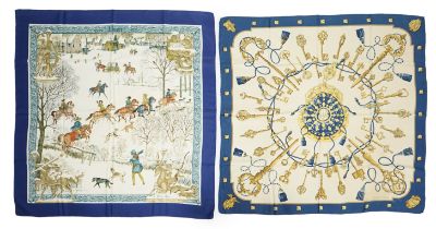 A Hermès 'Les Cles Key' blue border multicolour silk scarf and a Hermès Lhiver blue, white and