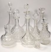 Seven decanters, all with stoppers, a carafe, a custard cup, tallest, decanter 34cm***CONDITION