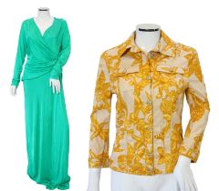 A Versace Collection green long dress and gold and yellow biker style jacket, dress size 52 and