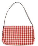 A Ralph Lauren red and white gingham satin evening bag, width 22cm, height 14cm, overall height