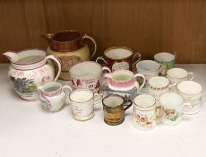 A group of 19th century Staffordshire christening mugs and pink lustre wares***CONDITION REPORT***