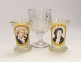Two Bohemian glass beakers and a goblet, goblet 15cm high***CONDITION REPORT***PLEASE NOTE:-