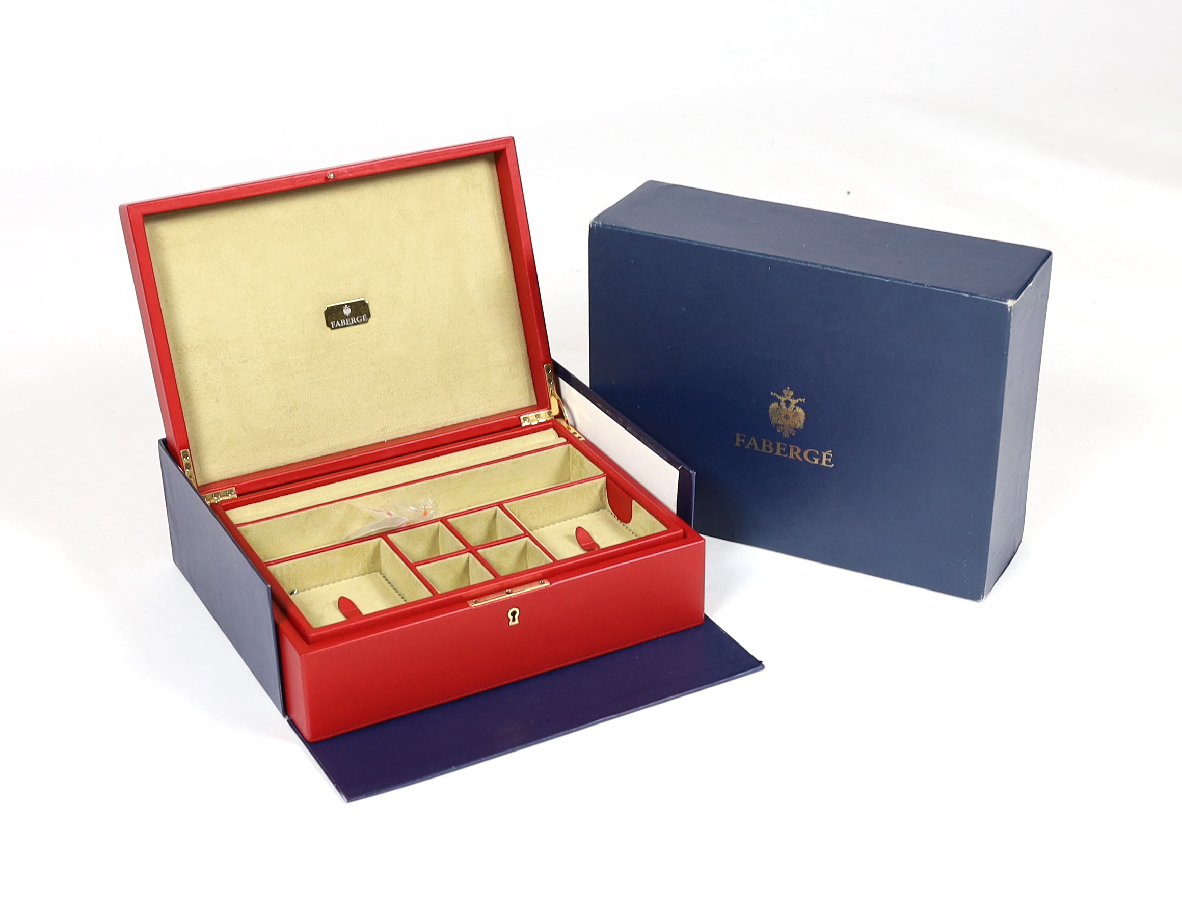 A Fabergé cased red leather jewellery box, width 33cm***CONDITION REPORT***Looks to have had only - Image 6 of 6