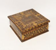 A 19th century Killarney Arbutus wood and marquetry inlaid box, decorated with Muckross Abbey, 21.