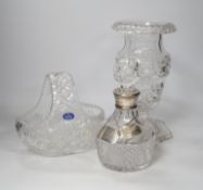 A silver mounted cut glass decanter with silver Concorde label and another label, together with a
