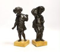 A pair of 19th century bronze putti on Siena marble bases, 22cm***CONDITION REPORT***PLEASE NOTE:-