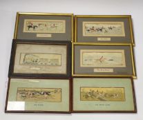 Six small framed silk Stevengraph panels, mounted riders, and an early locomotive, Lord Howell,