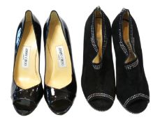 Two pairs of Jimmy Choo black lady's heeled open toe shoes, a pair of slip on black patent leather